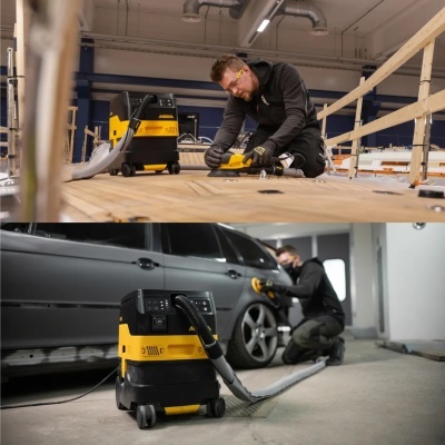 Máquina aspiradora industrial MIRKA amarela e preta em uso em trabalhos de lixamento em madeira e carro.