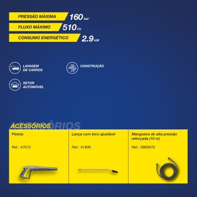 Especificações técnicas e acessórios de equipamento de alta pressão para lavagem