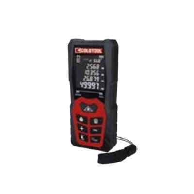 Medidor de distância digital preto e vermelho com visor LCD e botões táteis