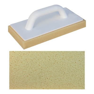 Esponja retangular bege com alça branca para aplicação ou limpeza