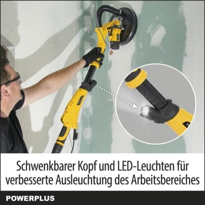 Ferramenta elétrica amarela para lixar paredes com cabo longo e cabeça giratória em uso