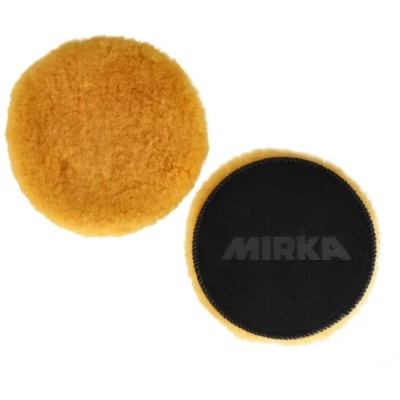 Discos para polimento com um lado felpudo amarelo-laranja e o outro preto com a palavra MIRKA