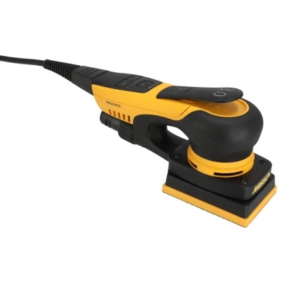 Lixadora elétrica Mirka preta e amarela com controle e cabo