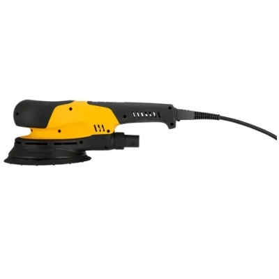 Lixadora elétrica manual amarelo e preto com cabo e superfície de lixamento redonda