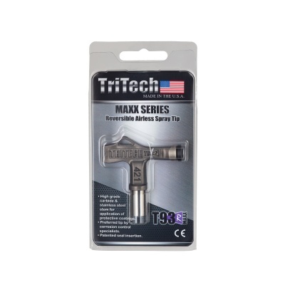 Spray tip TriTech MAXX SERIES T93R em embalagem transparente com cartão cinzento e preto