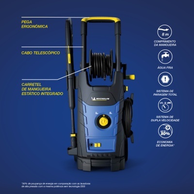 Máquina de lavar alta pressão Michelin azul e preto com pega amarela e mangueira enrolada