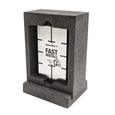 Embalagem de espuma cinzenta com suporte interno branco e texto preto