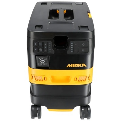 Aspirador industrial preto e amarelo Mirka com rodas