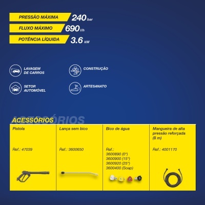 Especificações técnicas e acessórios de máquina de alta pressão em português sobre fundo azul