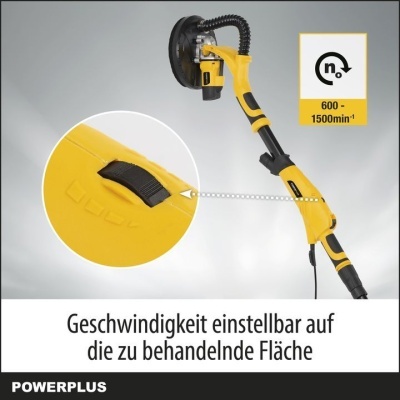 Lixadeira elétrica POWERPLUS amarela e preta com alavanca de ajuste de velocidade e texto em alemão