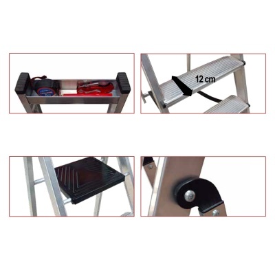 Detalhes de escada metálica com degraus antiderrapantes e ferramentas no topo