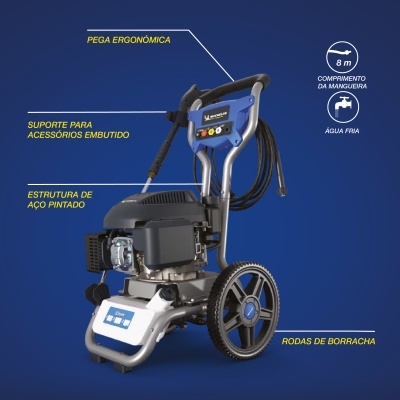 Máquina de lavagem com rodas de borracha e pega ergonómica em fundo azul.