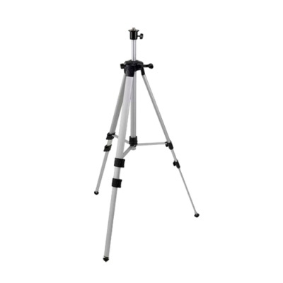 Tripé de metal prateado com suportes pretos