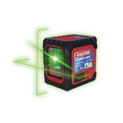 Laser de alinhamento verde Coltool com corpo preto e vermelho, emitindo cruz de laser