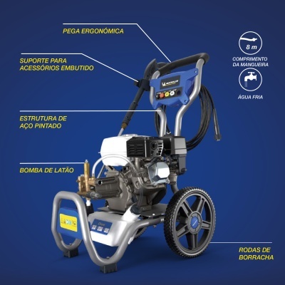 Máquina de pressão com estrutura aço, bomba latão, rodas borracha, pega ergonómica, mangueira 8 m