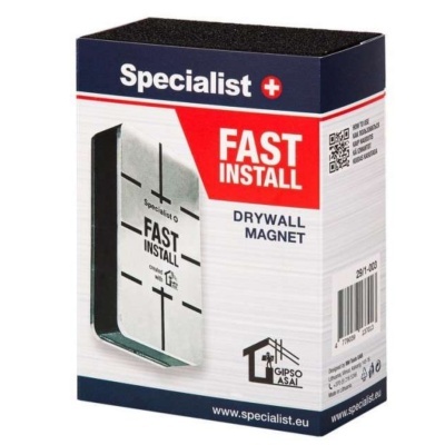 Embalagem do Drywall Magnet Specialist Fast Install com cores azul, vermelho e branco