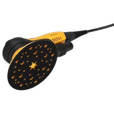 Lixadora elétrica amarela e preta com base circular perfurada