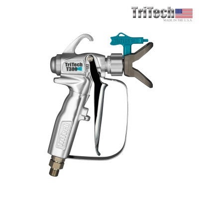 Pistola de pulverização prateada TriTech T380 com detalhe azul
