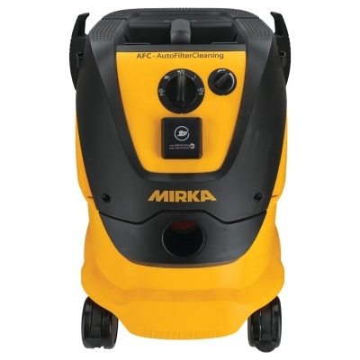 Aspirador de pó industrial amarelo e preto com botões e rodas