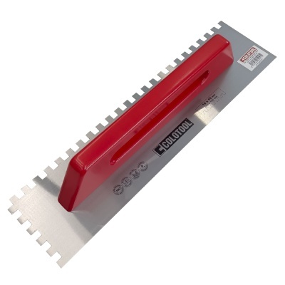 Espátula dentada com pega vermelha e lâmina de aço inox prateado