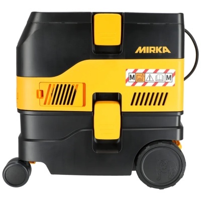 Aspirador industrial portátil preto e amarelo com o texto MIRKA