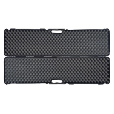 Estojo rígido preto aberto com interior acolchoado em espuma ondulada