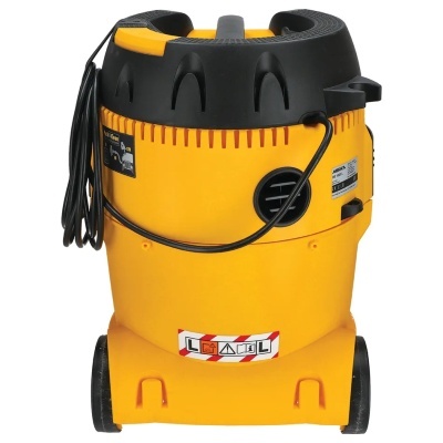 Aspirador industrial amarelo e preto com rodas e cabo elétrico