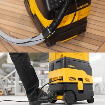 aspirador industrial portátil amarelo e preto com mangueira e rodas, marca MIRKA