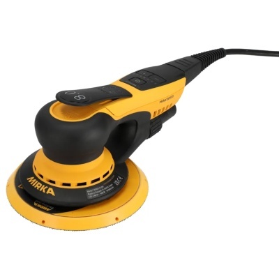 Lixadora elétrica Mirka DEROS amarela e preta com cabo e base circular