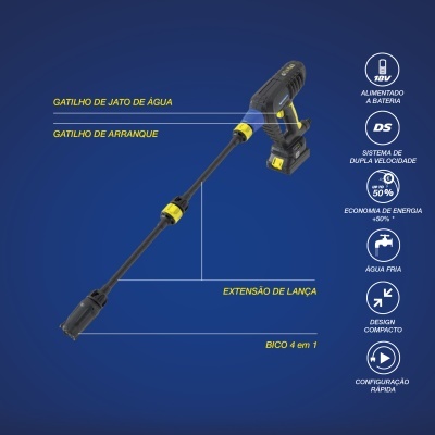 Lavadora elétrica preta e amarela com extensão de lança e bico 4 em 1 sobre fundo azul