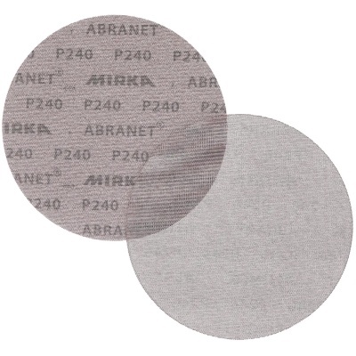 Discos de lixa abrasiva cinza com textos ABRANET, MIRKA e P240