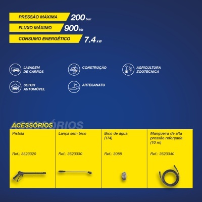 Especificações técnicas e acessórios para equipamento de alta pressão