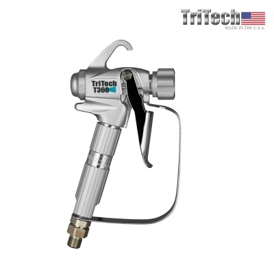 Pistola de pintura TriTech T360 prateada com texto e logótipo