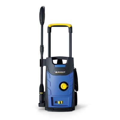 Lavadora pressão azul e preta com detalhes amarelos e texto Michelin