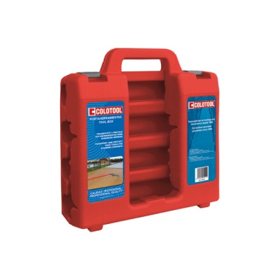Mala rígida vermelha para ferramentas da marca COLOTOOL com rótulos azuis.