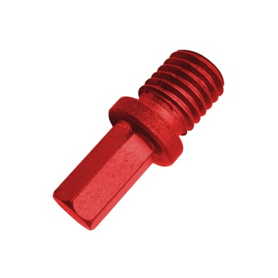 Adaptador ou parafuso vermelho em metal com parte roscada e hexagonal