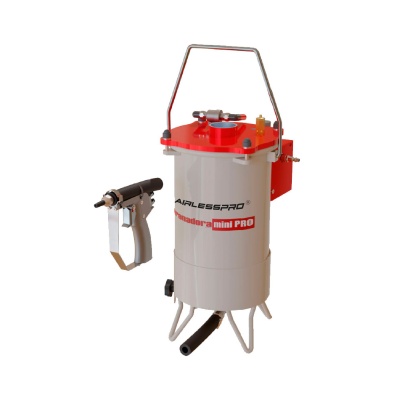 Recipiente para aplicação com pistola, plástico cinzento e vermelho, texto AIRLESSPRO automatic mini PRO