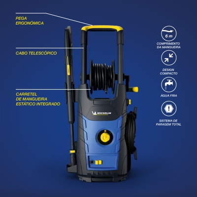 Máquina de lavar azul e preta com detalhes amarelos e várias funcionalidades indicadas.
