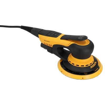 Lixadora orbital elétrica preta e amarela Mirka DEROS sobre fundo branco