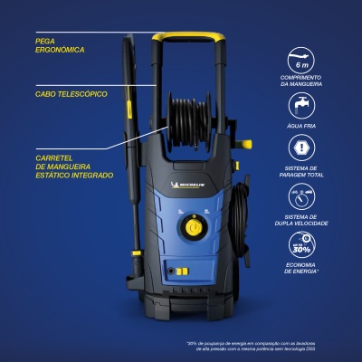 Lavadora de alta pressão azul e preta com pega amarela e carretel de mangueira
