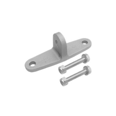 Suporte metálico prateado com dois parafusos sobre fundo branco