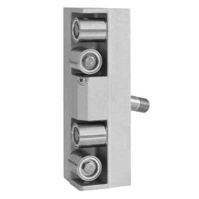 Porta roletes industriais de aço com quatro roletes e parafuso lateral