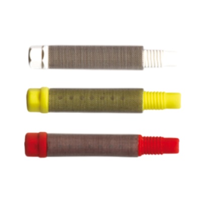 Três cilindros com extremidades coloridas em branco, amarelo e vermelho