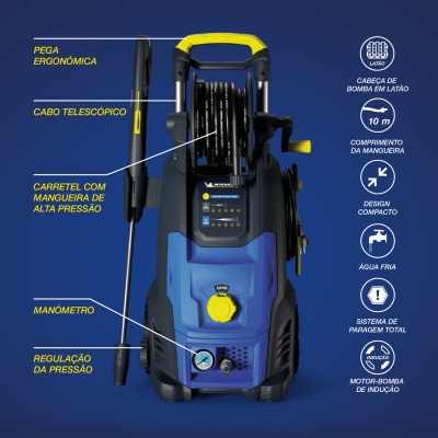 Máquina de lavar alta pressão azul e preta com pega amarela e mangueira enrolada