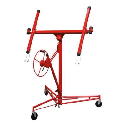 Suporte elevatório metálico vermelho para placas com rodas e ajuste de altura