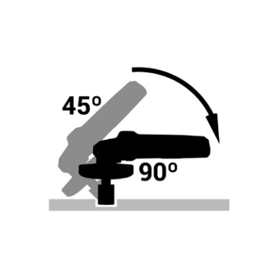 Gráfico a preto e cinzento com ângulos 45° e 90° mostrando o movimento de um punho/alavanca.