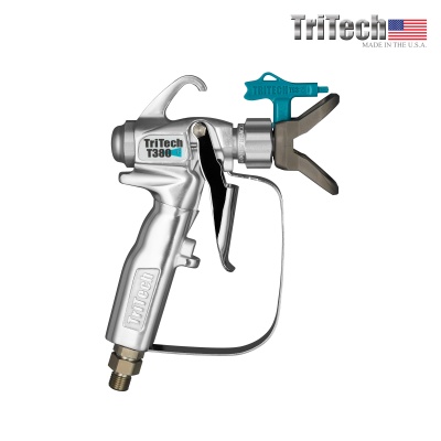 Pistola de pintura TriTech T380 prateada com detalhes azuis e preto