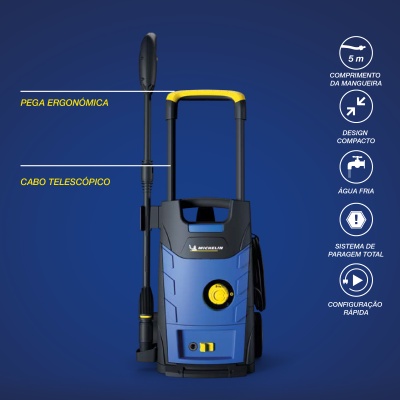 Lavadora alta pressão azul e preta com pega amarela e opções de texto