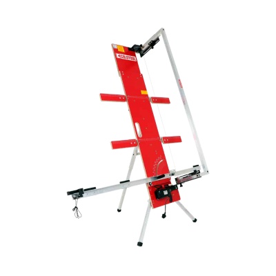 Riscador de azulejos vermelho e prateado com tripé branco e manípulo preto