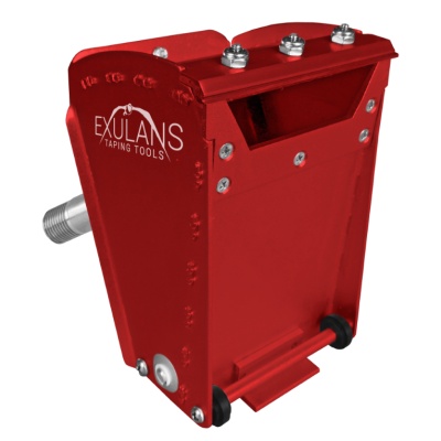 Ferramenta vermelha para fita de gesso com parafusos e texto EXULANS TAPING TOOLS